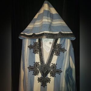 NWT. Tory Burch pinstripe blue white Striped Hood Kaftan sequins embroidery